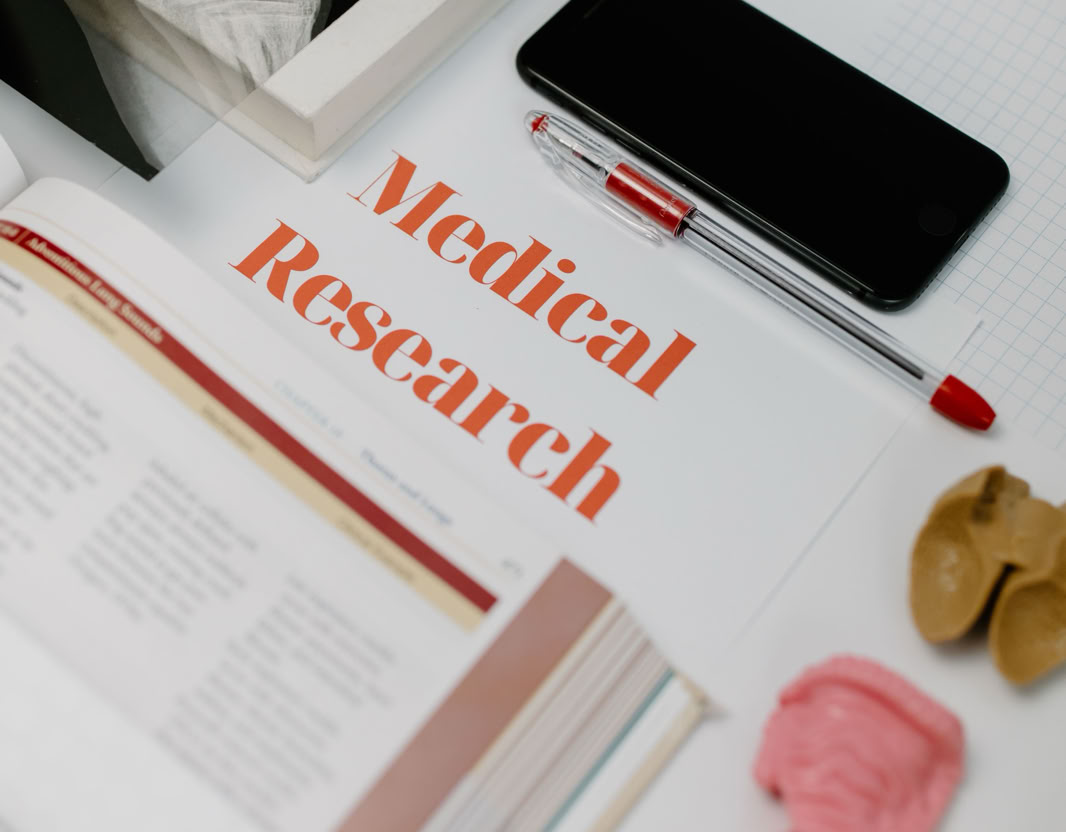 Flat lay of medical research materials with books and anatomical models.